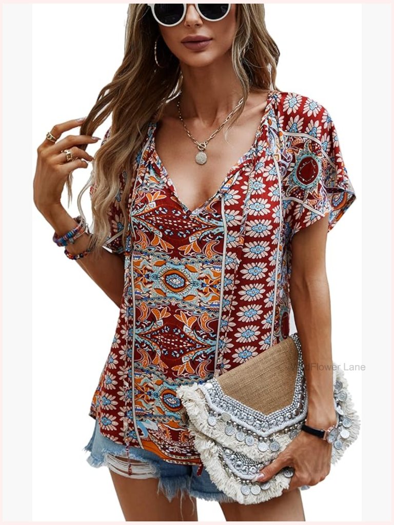 Women's V Neck Ruffle Short Sleeve Floral Print Loose Fit Casual Tunic Top